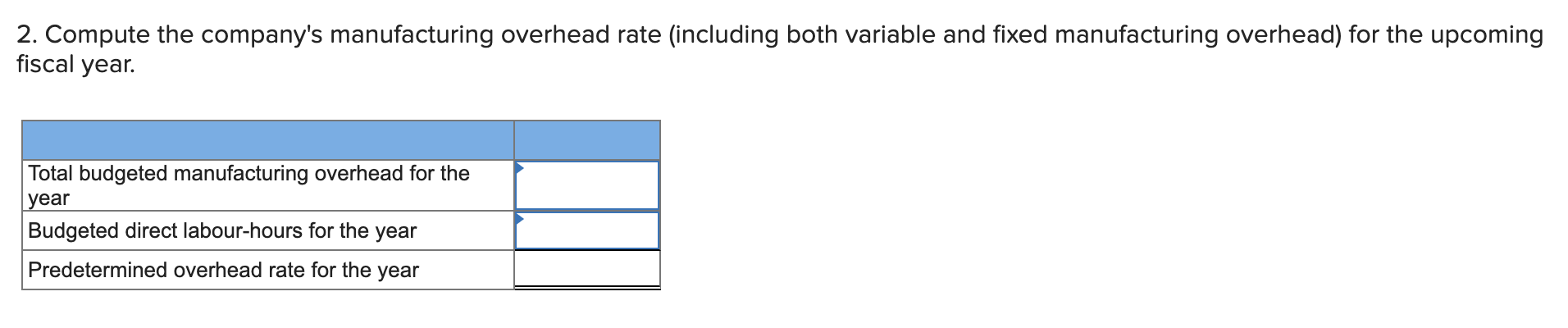  2. Compute the company's manufacturing overhead rate (including both variable and