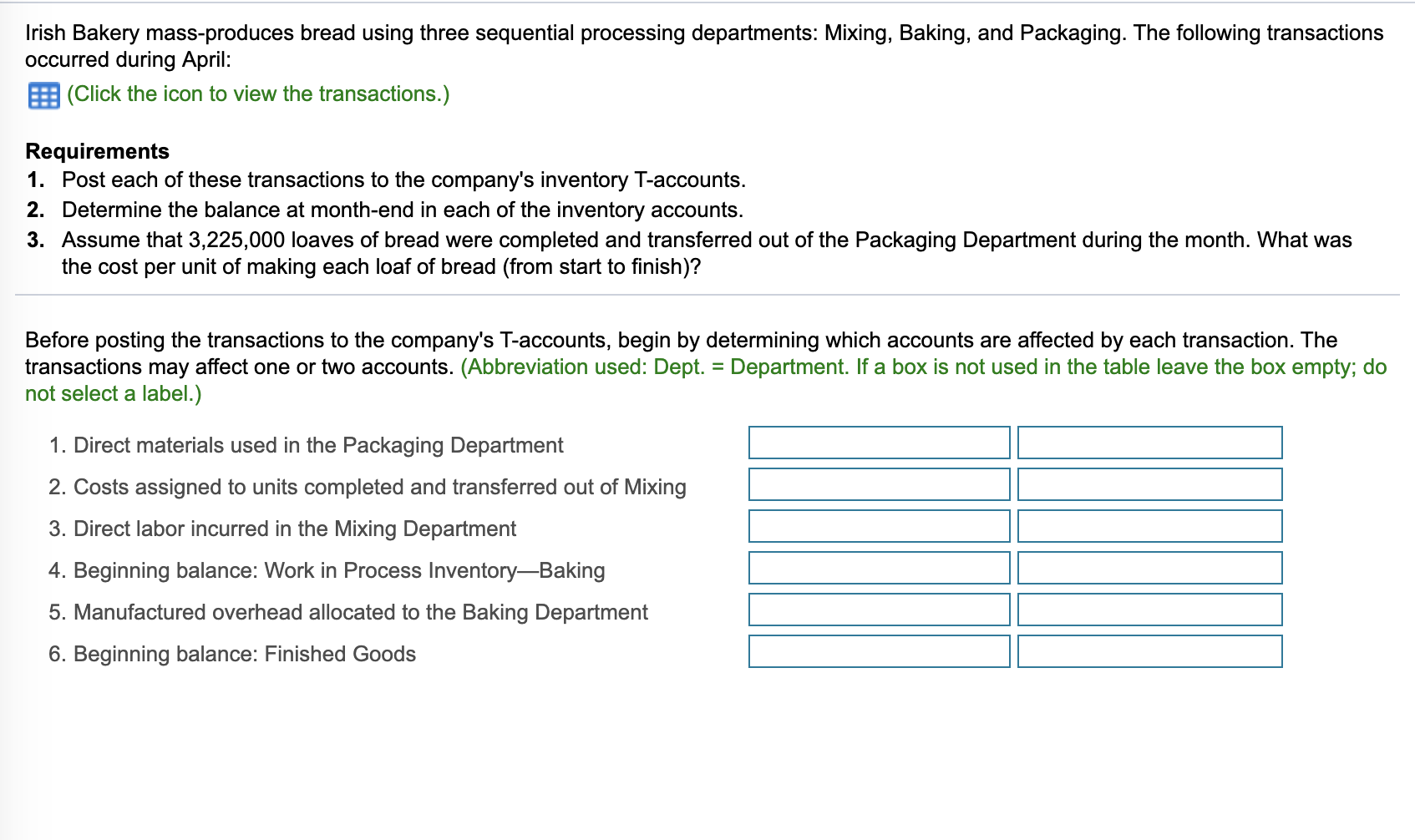  Irish Bakery mass-produces bread using three sequential processing departments: Mixing, Baking,