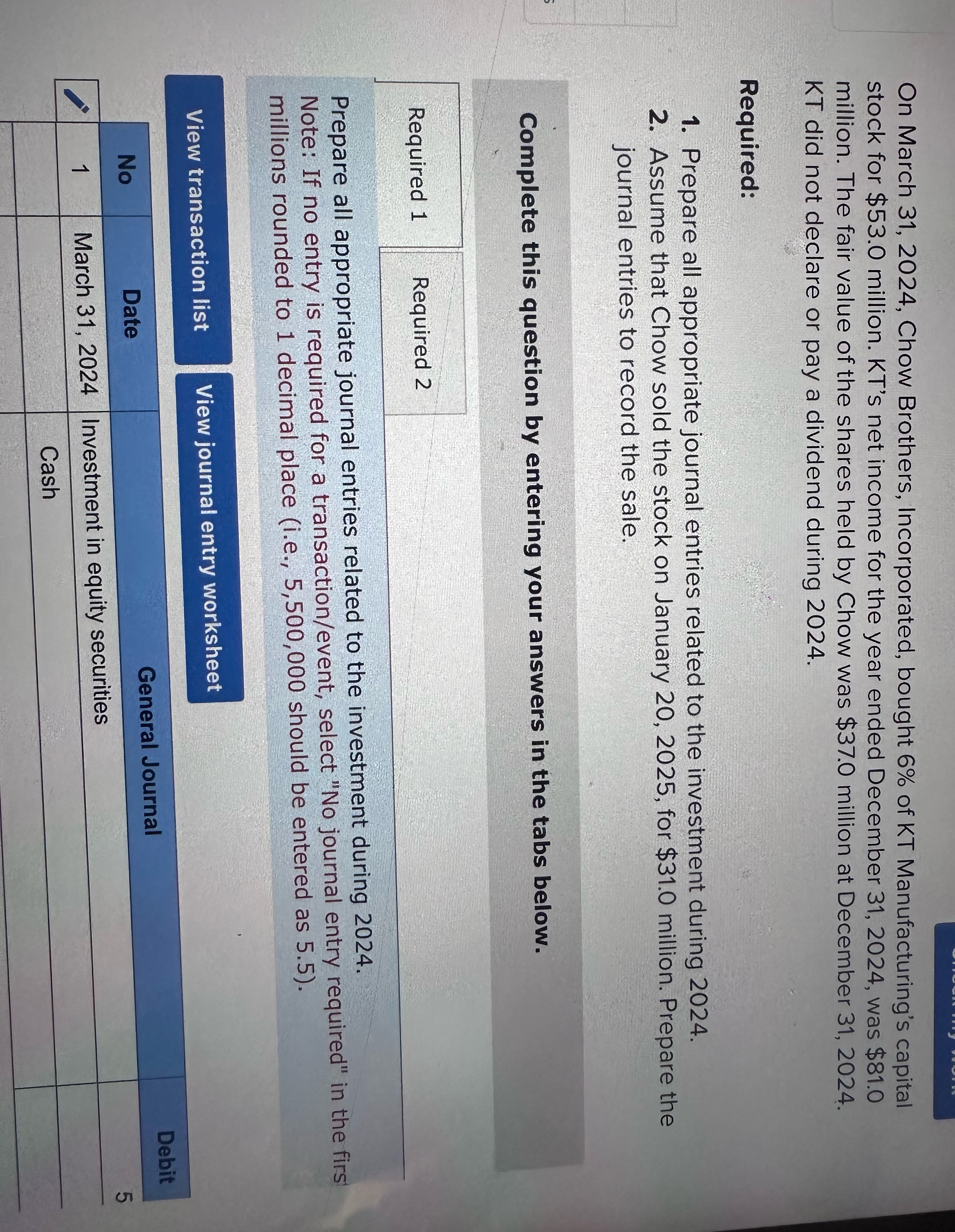  On March 31,2024, Chow Brothers, Incorporated, bought 6% of KT Manufacturing's