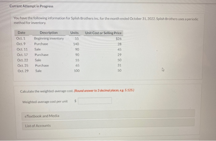  Current Attempt in Progress You have the following information for Splish