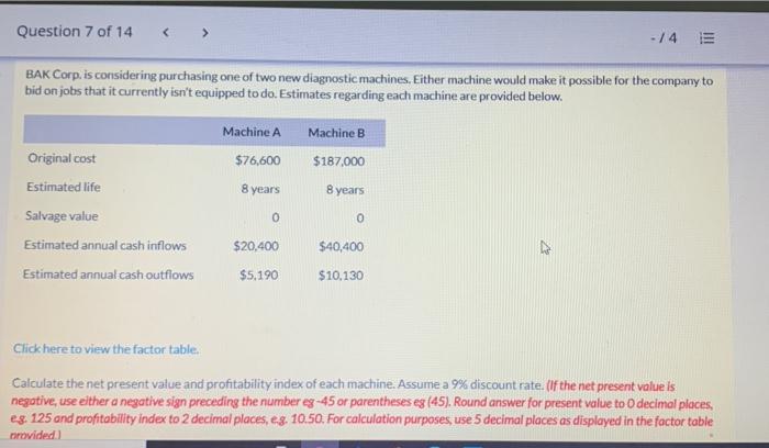  factor table: https://education.wiley.com/content/Kimmel_Financial_Accounting_9e/media/simulations/hidden/Wey_Fin_9e_pvtables.pdf Question 7 of 14 -/4 E BAK Corp.