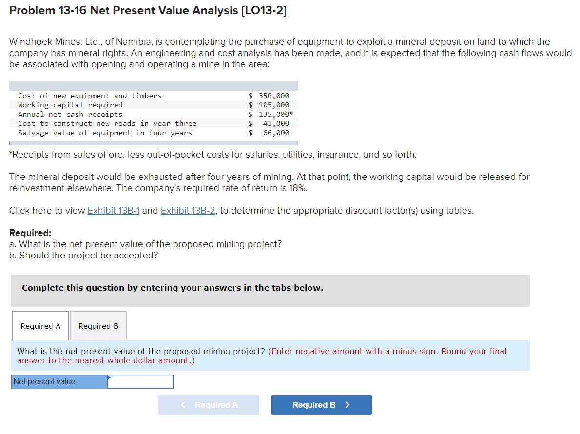 Problem 13-16 Net Present Value Analysis [LO13-2] Windhoek Mines, Ltd., of Namibia,