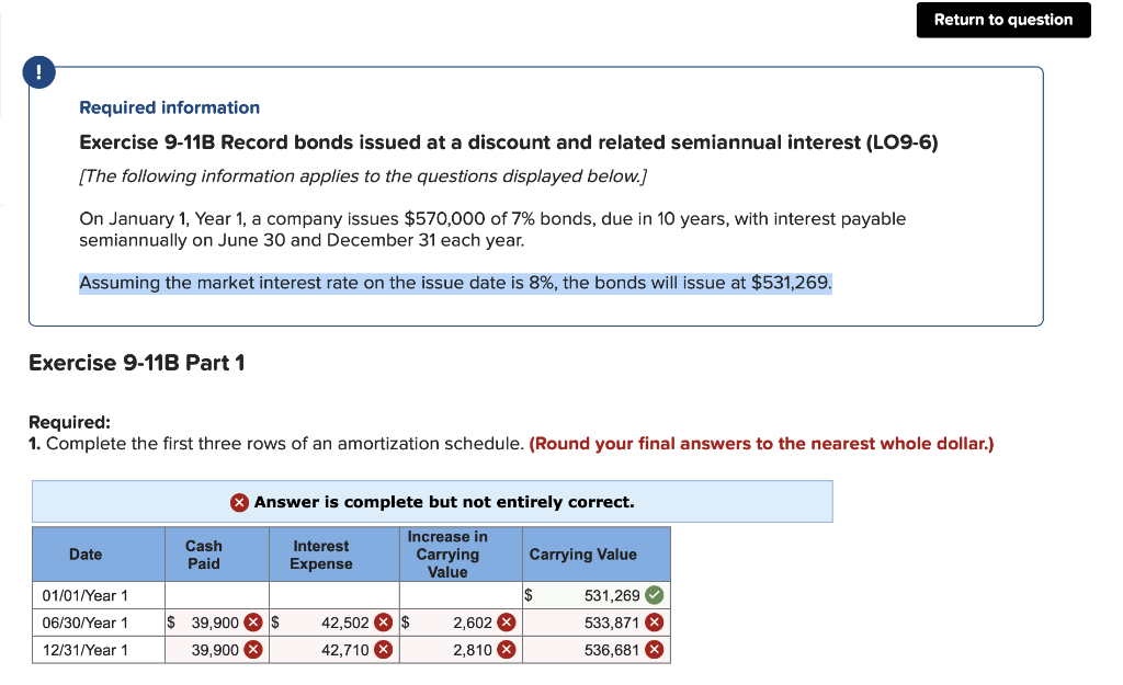  Return to question ! Required information Exercise 9-11B Record bonds issued