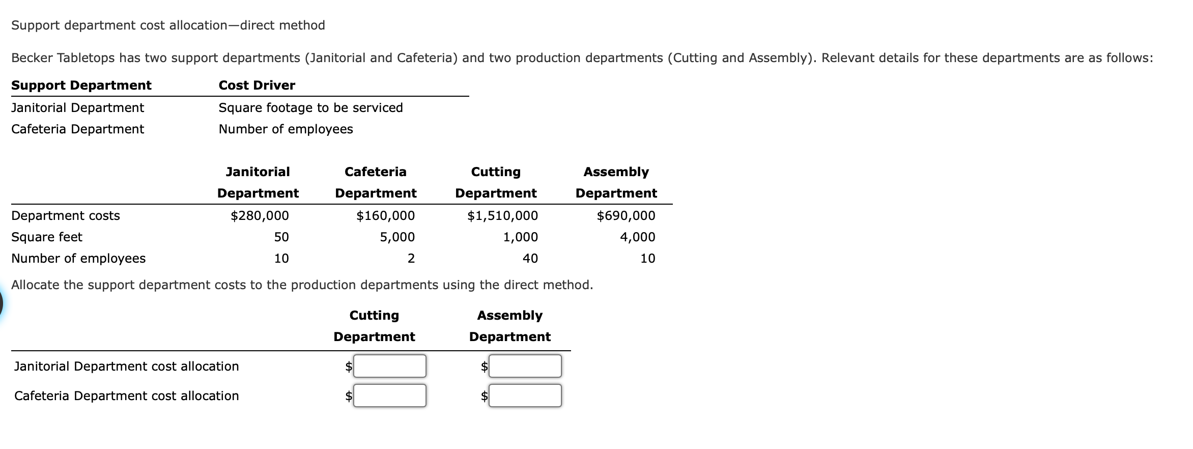  Support department cost allocation direct method Becker Tabletops has two support