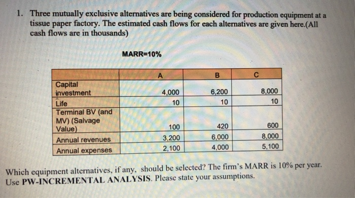  1. Three mutually exclusive alternatives are being considered for production equipment