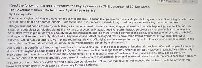  1 points View Save Answer Read the following text and summarize