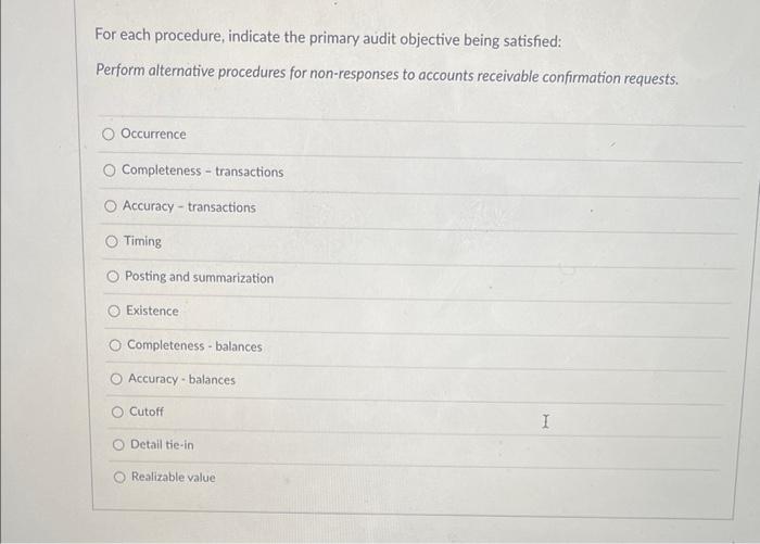  For each procedure, indicate the primary audit objective being satisfied: Perform