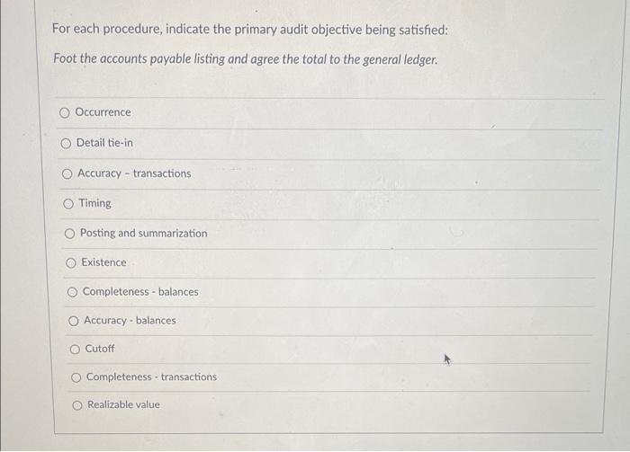 Accuracy - balances Cutoff I Detail tie-in Realizable value For each procedure,