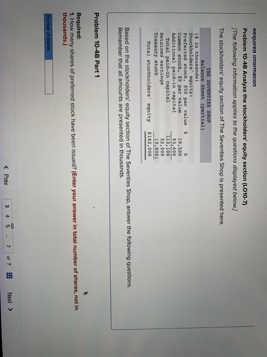  Requirea information Problem 10-4B Analyze the stockholders' equity section (L010-7) The
