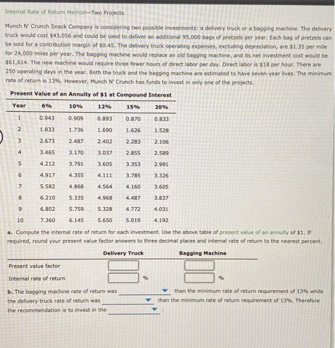  Internal Rate of Return Method-Two Projects Munch N' Crunch Snack Company