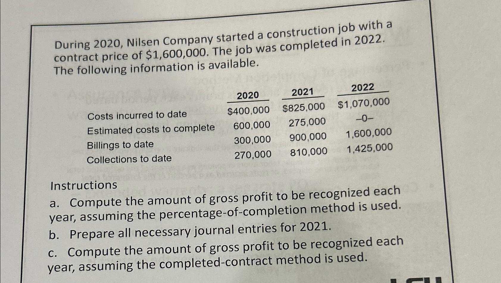  During 2020, Nilsen Company started a construction job with a contract