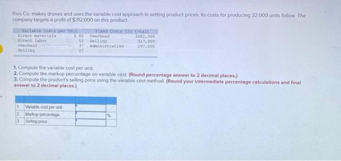  Rios Co makes drones and uses the variable cost approach in
