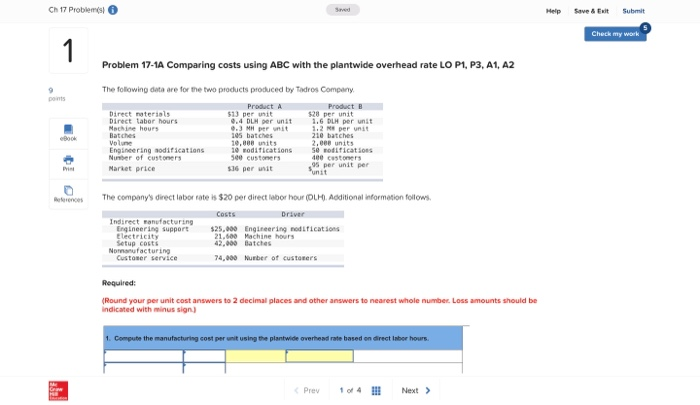  Ch 17 Problems Save & Exit Submit Check my work 1.