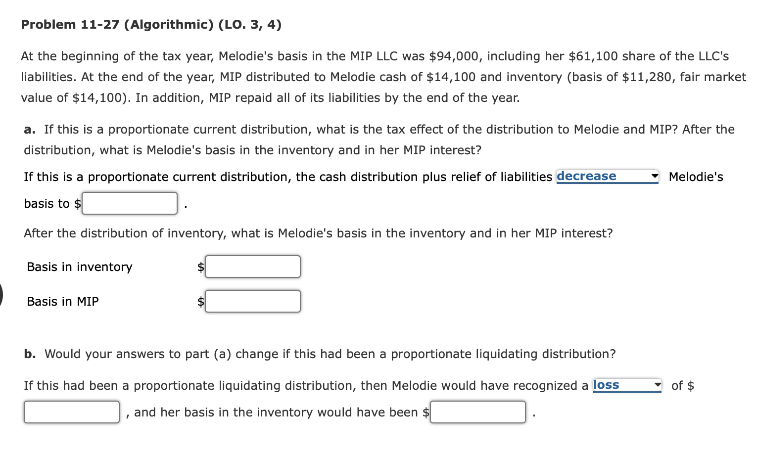  Problem 11-27 (Algorithmic) (LO. 3, 4) At the beginning of the