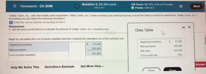  3 Homework: Ch 5HW Question 5, E5-26A (simil HW Score: 68.33%