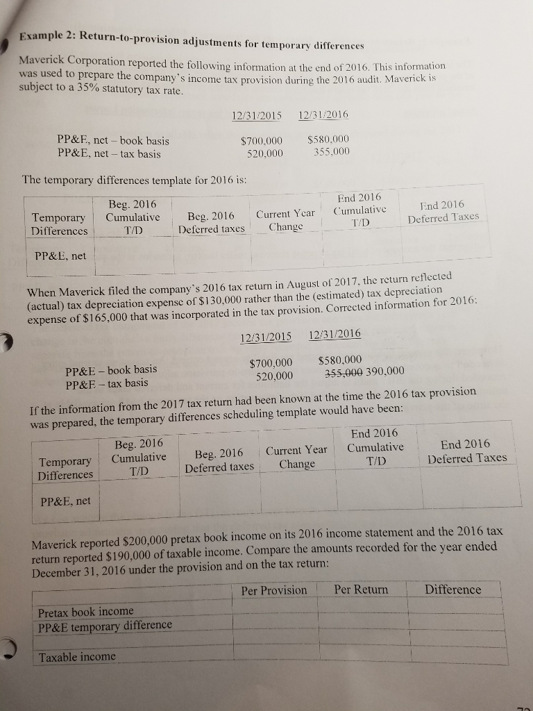 Please show solutions Example 2: Return-to-provision adjustments for temporary differences Maverick