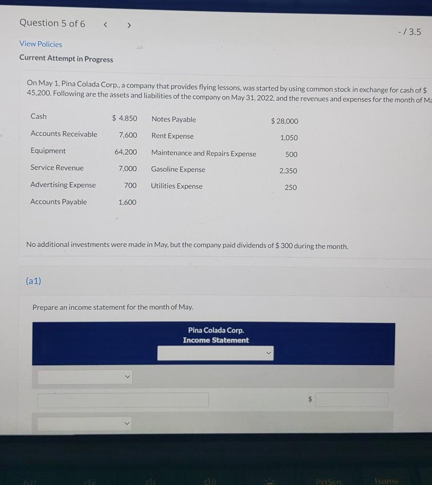 chapter 1 question 5 Question 5 of 6 -/3.5 View Policies