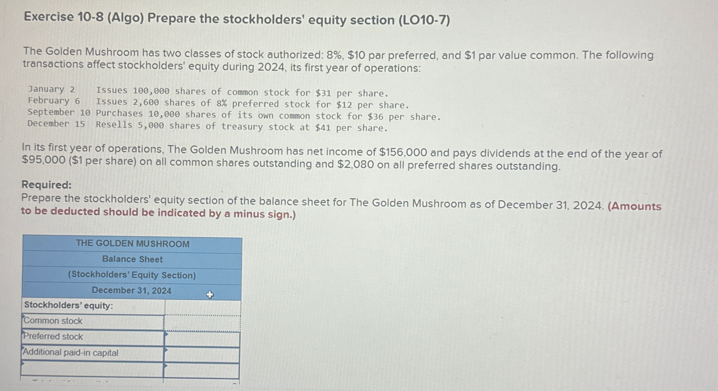  Exercise 10-8(Algo) Prepare the stockholders' equity section (LO10-7) The Golden Mushroom