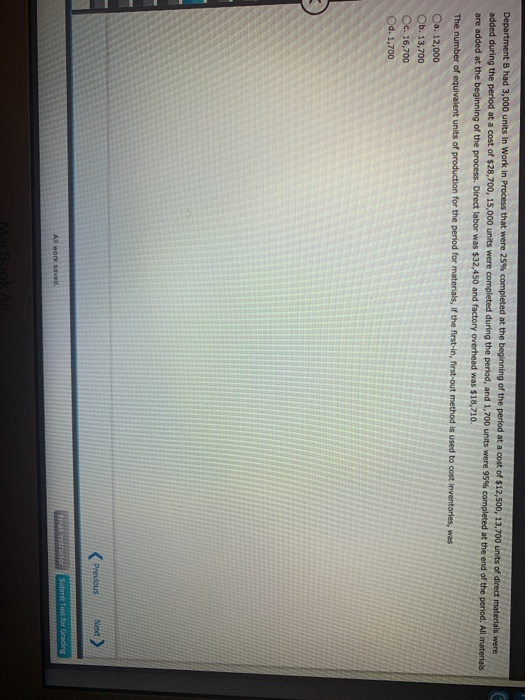 work saved. Calculator Department Bhad 3,000 units in Work in Process that