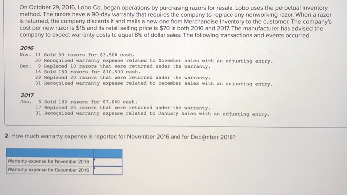  On October 29, 2016, Lobo Co. began operations by purchasing razors
