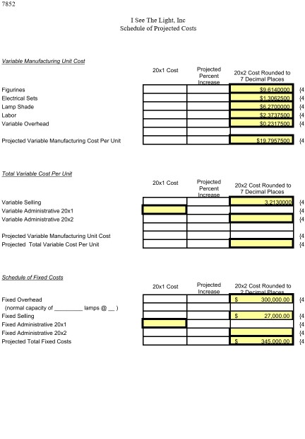25,000 lamps @ $45.00 Cost of Goods Sold @ $28.93 Gross Profit