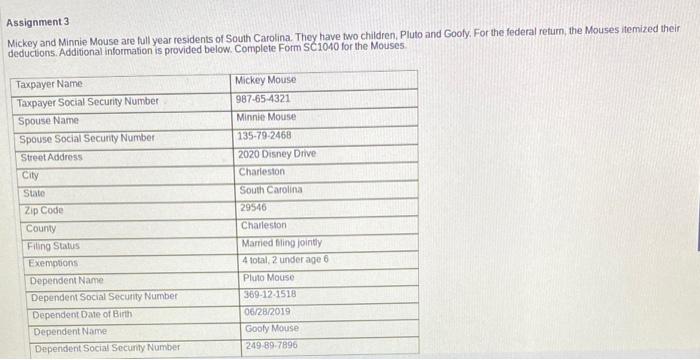  complete the form SC1040 Assignment 3 Mickey and Minnie Mouse are