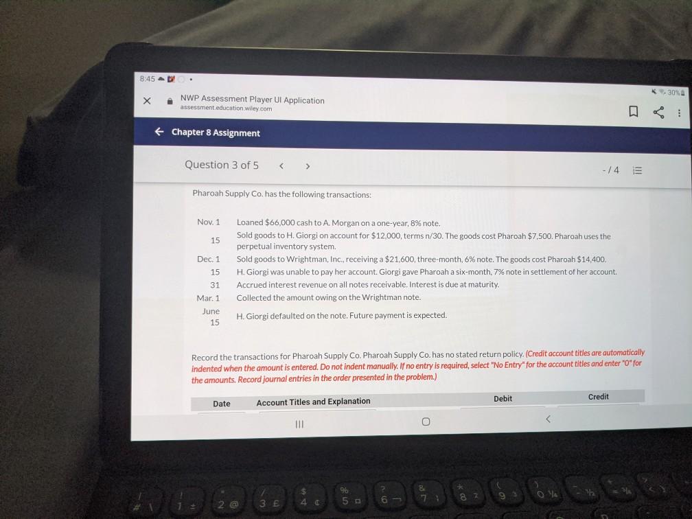 8:45 AB K. 30% NWP Assessment Player Ul Application assessment.education wiley.com