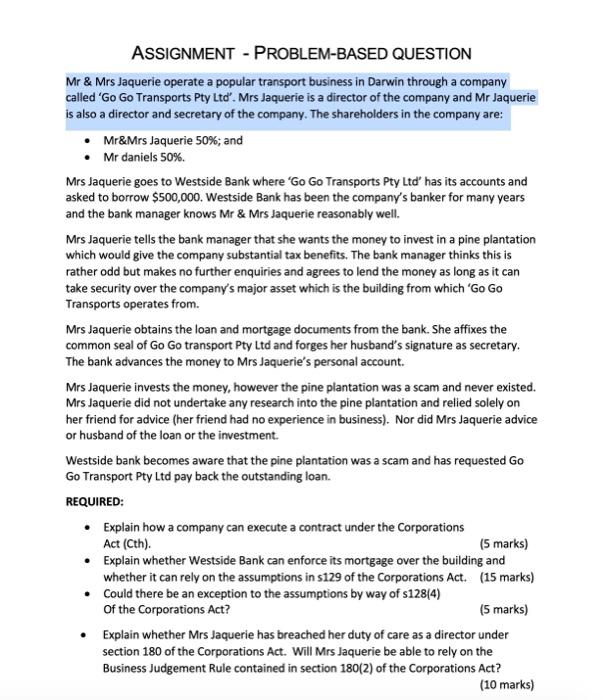  ASSIGNMENT - PROBLEM-BASED QUESTION Mr & Mrs Jaquerie operate a popular