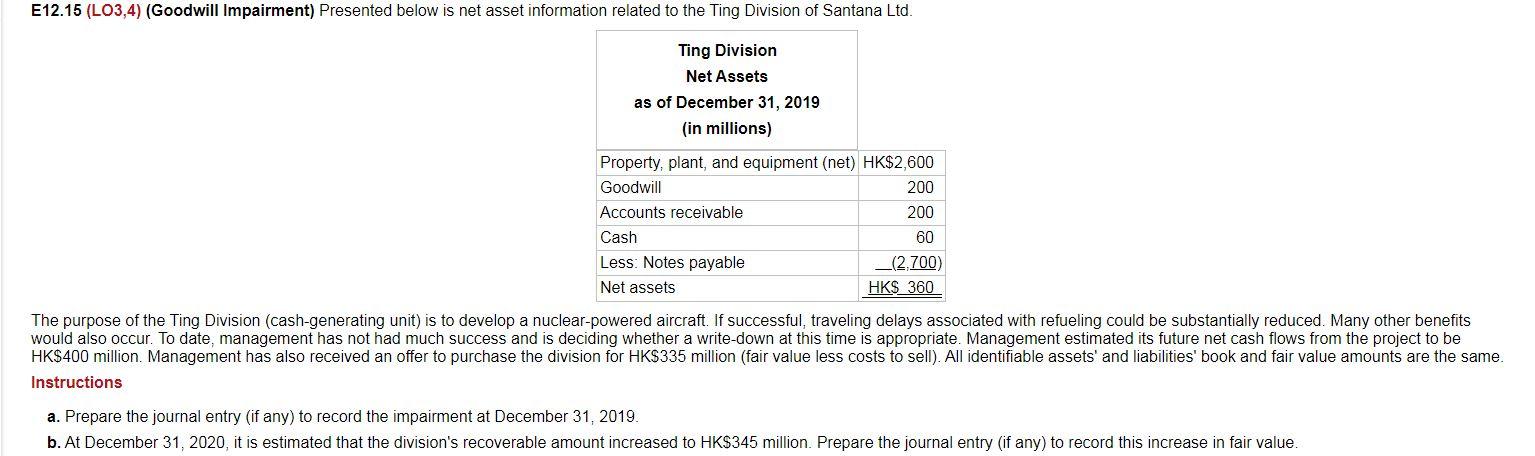 Intermediate Accounting IFRS Please show steps E12.15 (LO3,4) (Goodwill Impairment) Presented below