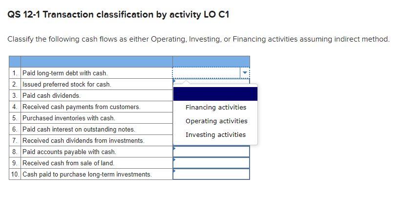QS 12-1 Transaction classification by activity LO C1 Classify the following