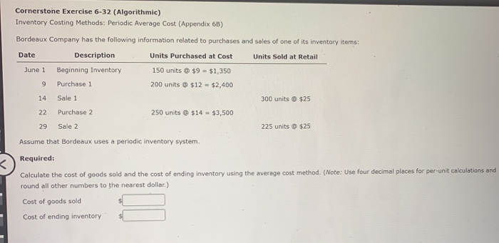  Cornerstone Exercise 6-32 (Algorithmic) Inventory Costing Methods: Periodic Average Cost (Appendix