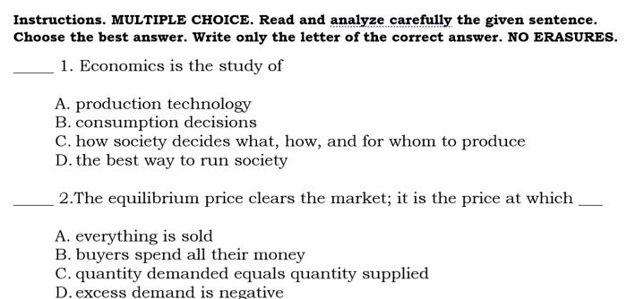  Instructions. MULTIPLE CHOICE. Read and analyze carefully the given sentence. Choose