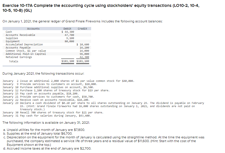 Exercise 10-17A Complete the accounting cycle using stockholders' equity transactions (LO10-2,