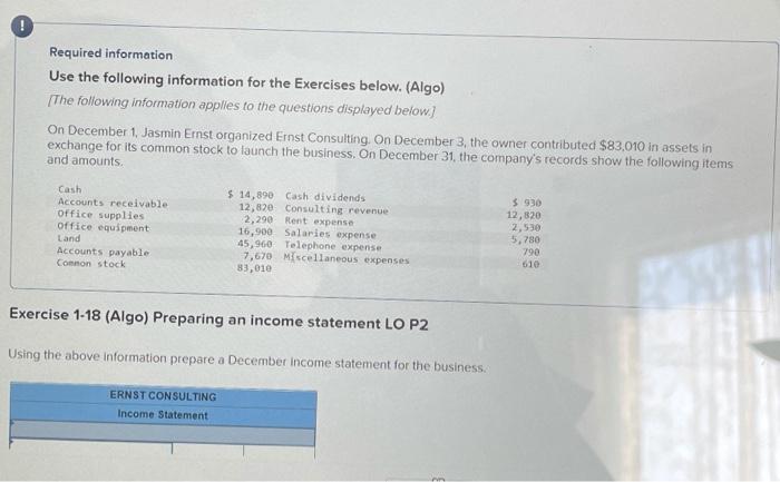  Required information Use the following information for the Exercises below. (Algo)
