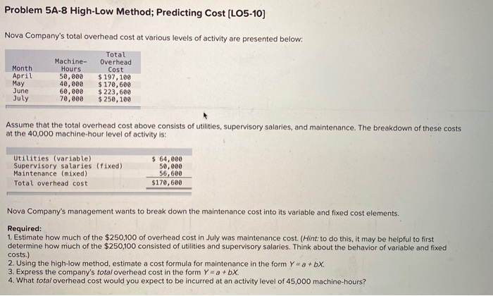  Problem 5A-8 High-Low Method; Predicting Cost [LO5-10) Nova Company's total overhead