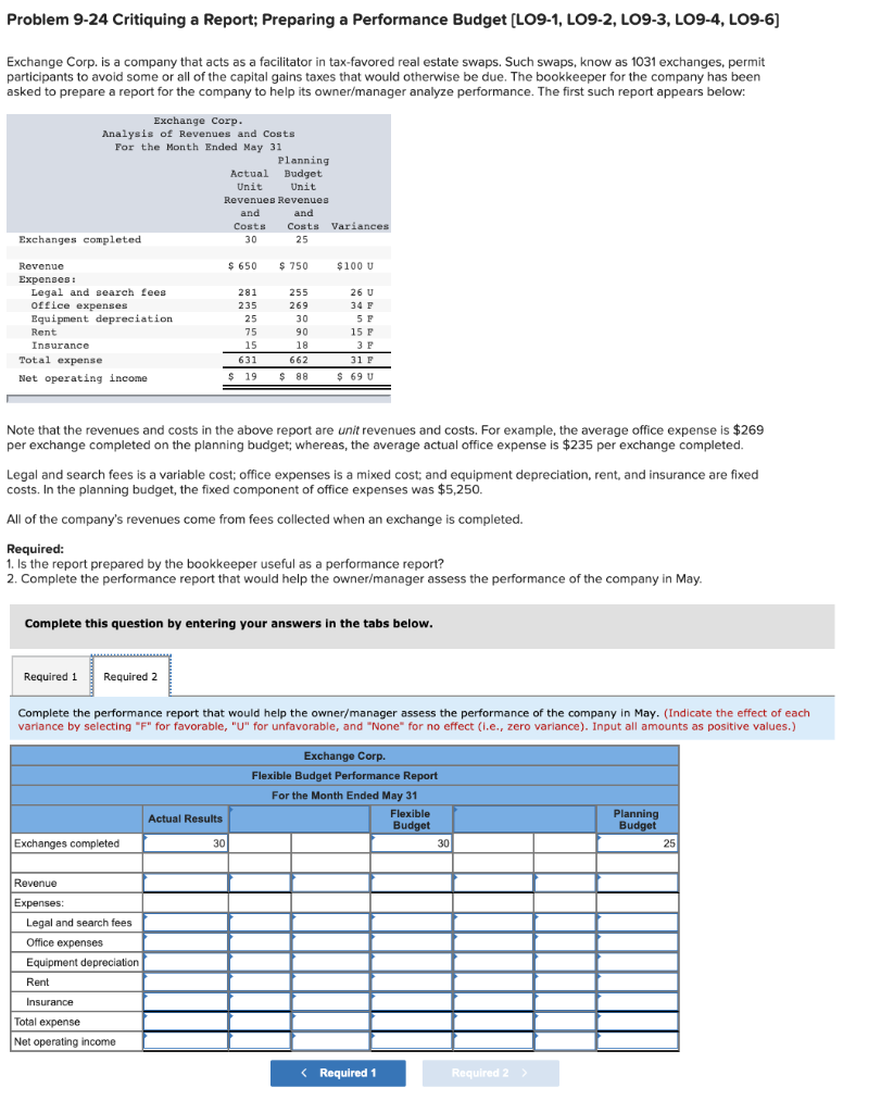  Problem 9-24 Critiquing a Report; Preparing a Performance Budget [LO9-1, LO9-2,