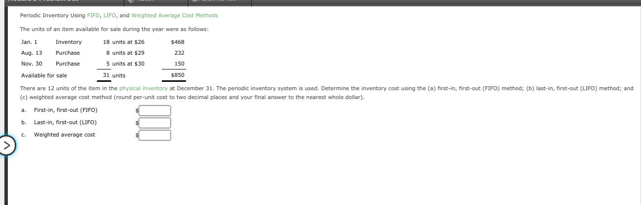  Periodic Inventory Using FIFO, LIFO, and Weighted Average Cost Methods The