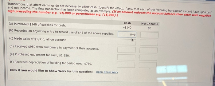  Transactions that affect earnings do not necessarily affect cash. Identify the