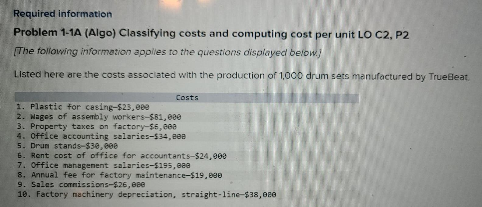 Required information Problem 1-1A (Algo) Classifying costs and computing cost per