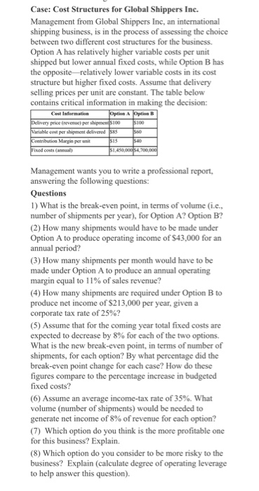  Case: Cost Structures for Global Shippers Inc. Management from Global Shippers
