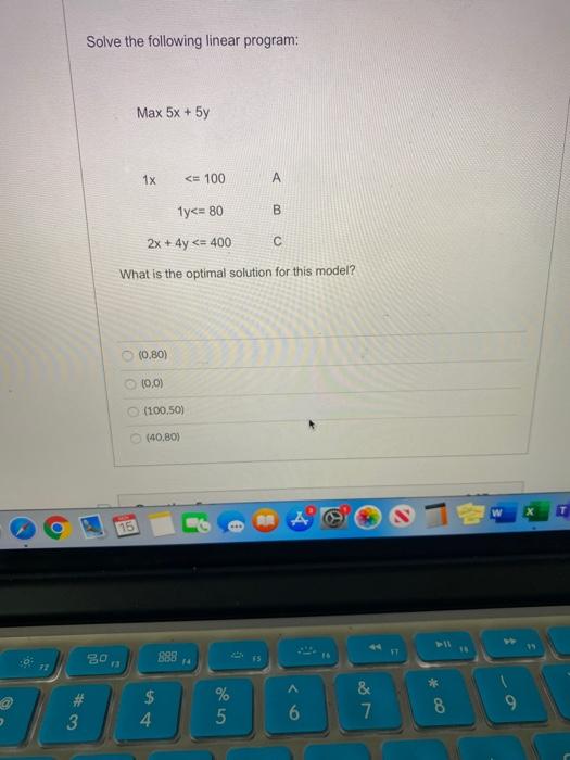 Solve the following linear program: Max 5y 100 80 2x *As, 400