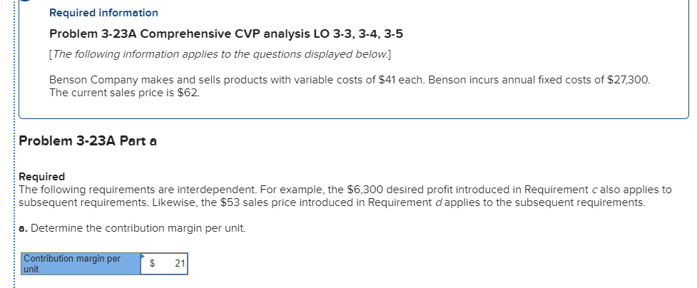 Required information Problem 3-23A Comprehensive CVP analysis LO 3-3, 3-4, 3-5