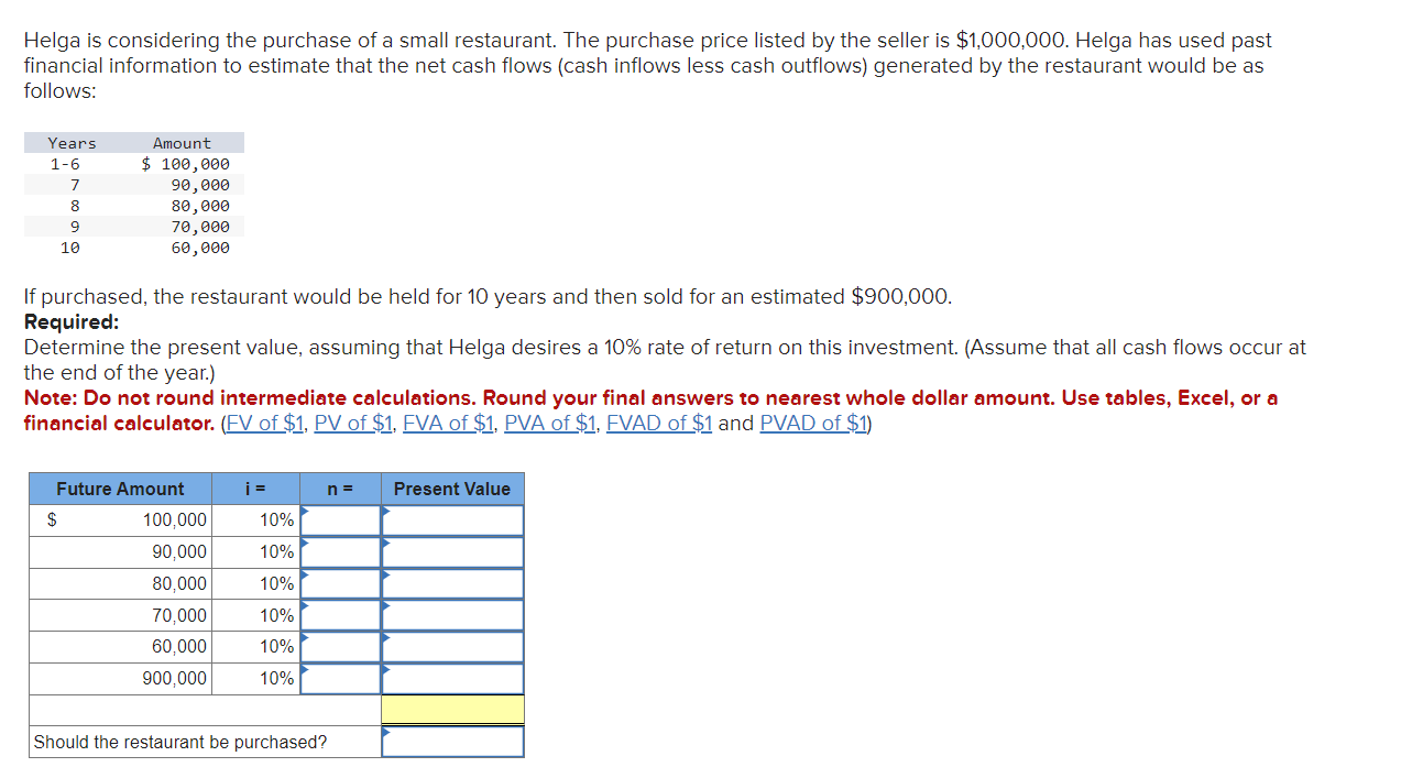  Problem 5-4(Algo) Investment analysis; uneven cash flows [LO5-3,5-8] Helga is considering