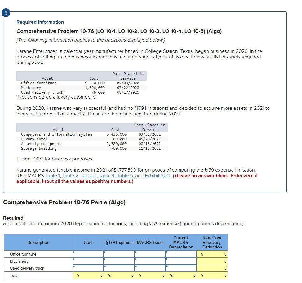 Required information Comprehensive Problem 10-76 (LO 10-1, LO 10-2, LO 10-3, LO