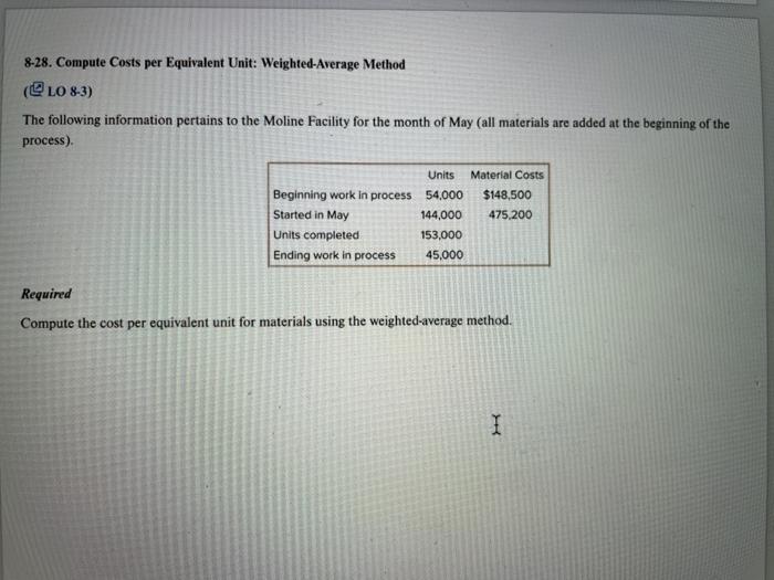  8-28. Compute Costs per Equivalent Unit: Weighted-Average Method (@LO 8-3) The