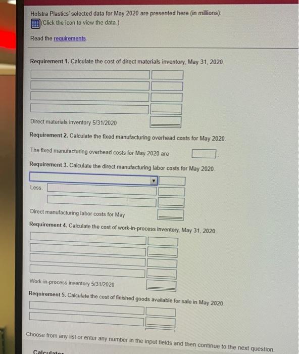 May 1, 2020 Direct materials purchased Direct materials used Total manufacturing overhead