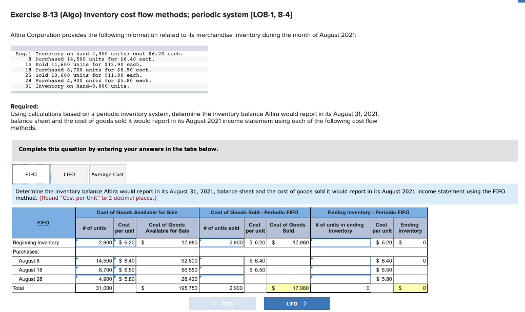  Exercise 8-13 (Algo) Inventory cost flow methods; periodic system (LO8-1, 8-4)