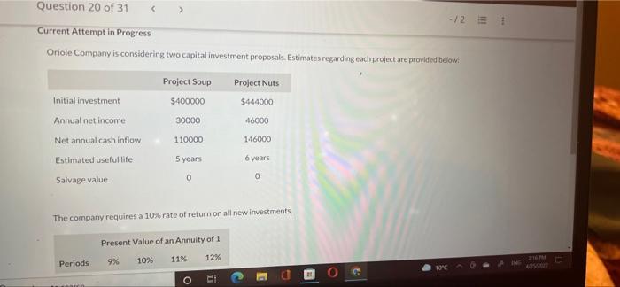  > Question 20 of 31 -/2 Current Attempt in Progress Oriole