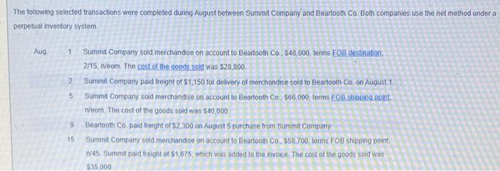  The following selected transactions were completed during August between Summit Company