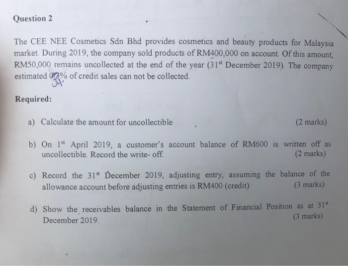  Question 2 The CEE NEE Cosmetics Sdn Bhd provides cosmetics and